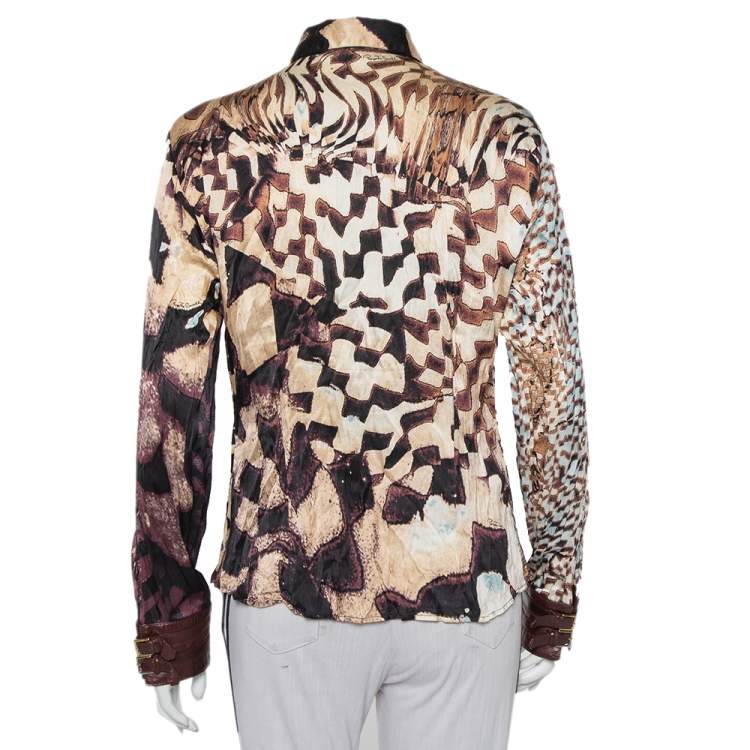 Pre Owned Roberto Cavalli Brown Animal Printed Silk Leather Trim Button Front Shirt XL 