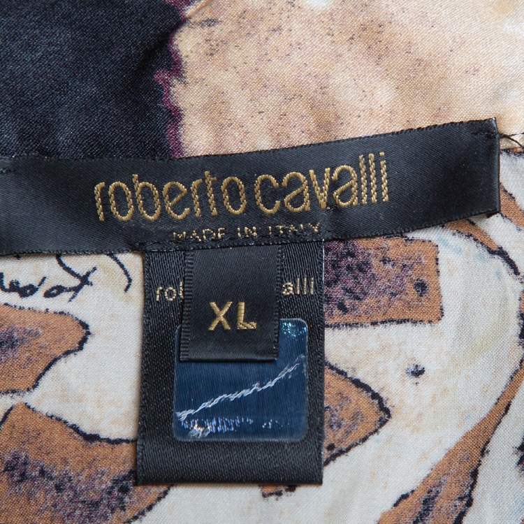 Pre Owned Roberto Cavalli Brown Animal Printed Silk Leather Trim Button Front Shirt XL 