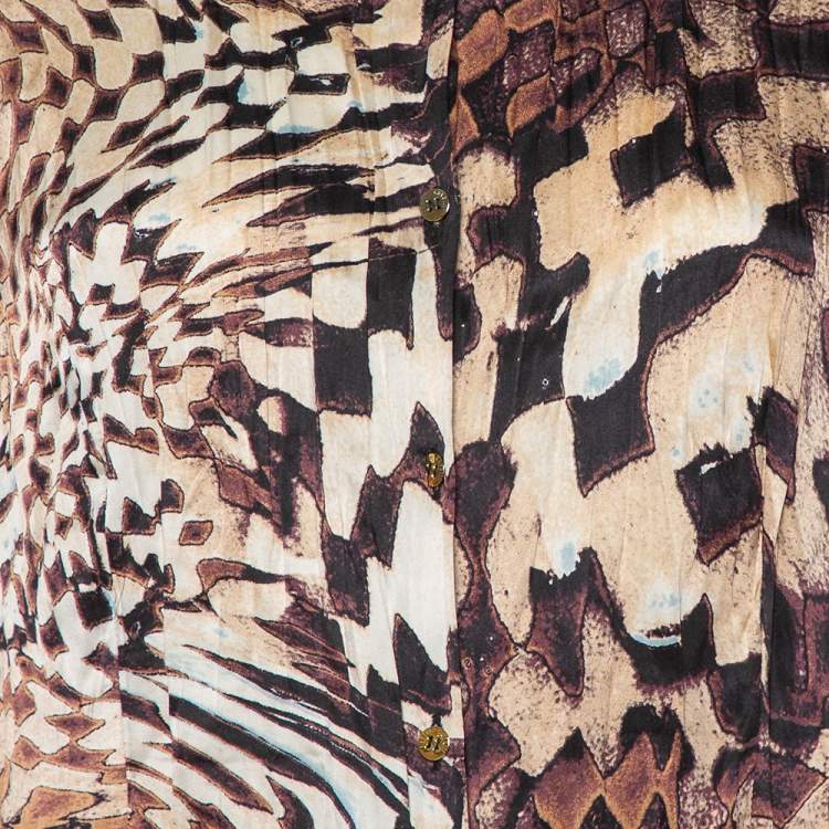 Pre Owned Roberto Cavalli Brown Animal Printed Silk Leather Trim Button Front Shirt XL 