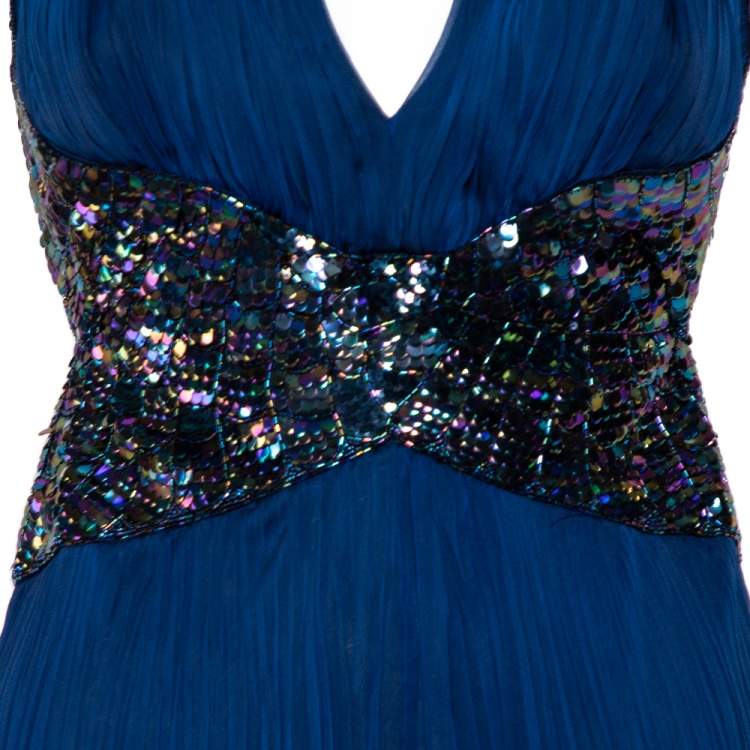 Pre Owned Roberto Cavalli Navy Blue Silk Sequin Embellished Open Back Evening Gown M