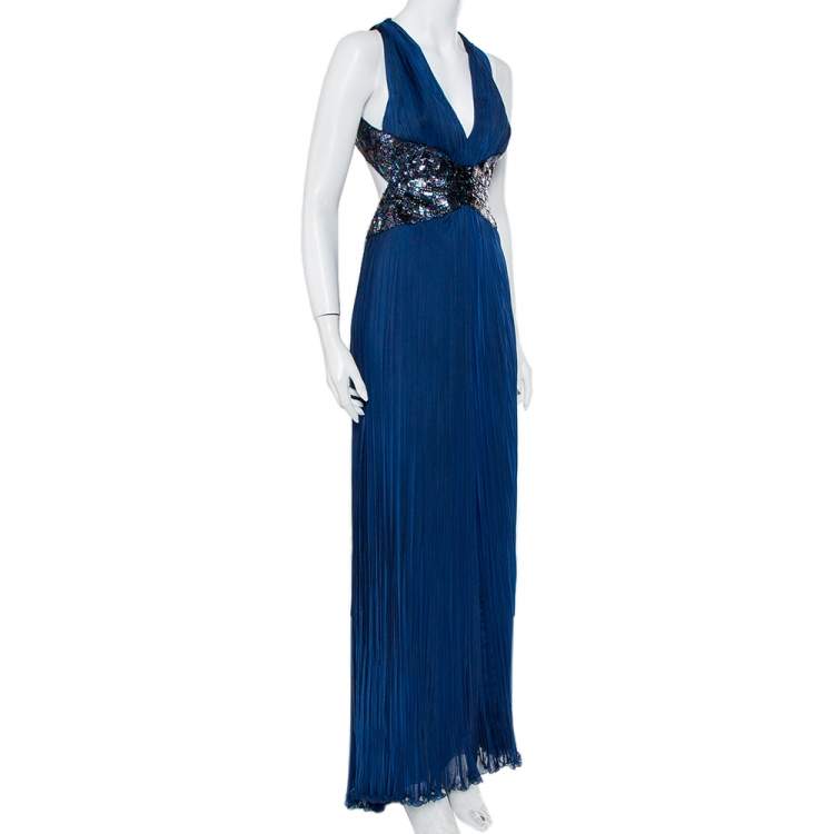 Pre Owned Roberto Cavalli Navy Blue Silk Sequin Embellished Open Back Evening Gown M