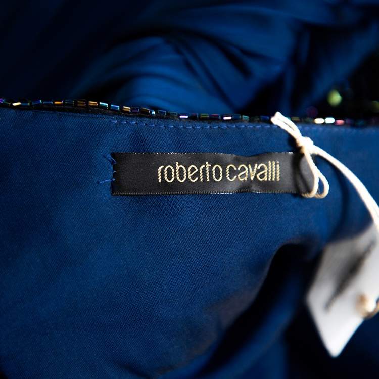 Pre Owned Roberto Cavalli Navy Blue Silk Sequin Embellished Open Back Evening Gown M