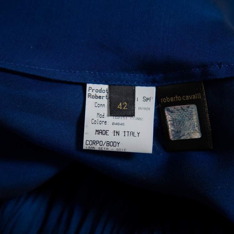 Pre Owned Roberto Cavalli Navy Blue Silk Sequin Embellished Open Back Evening Gown M