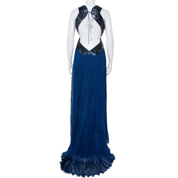 Pre Owned Roberto Cavalli Navy Blue Silk Sequin Embellished Open Back Evening Gown M