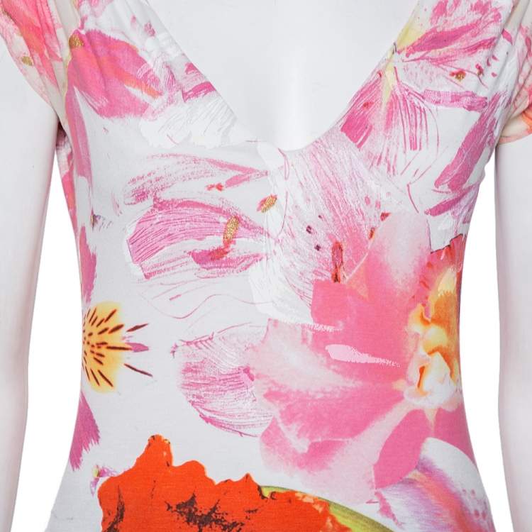 Pre Owned Roberto Cavalli Vintage Pink Floral Printed Knit V-Neck Top L