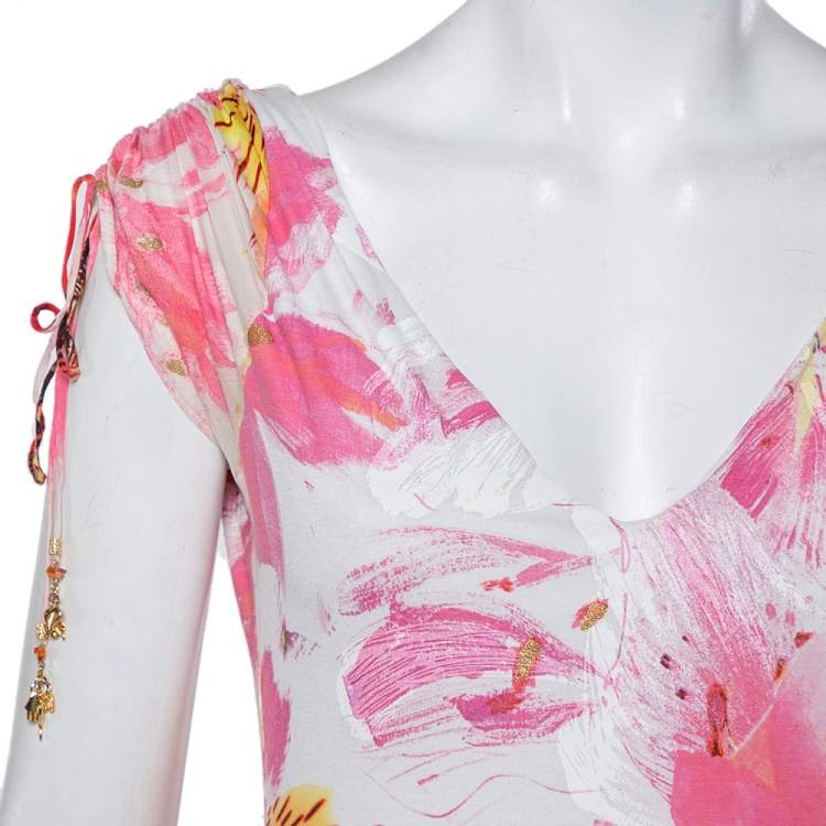 Pre Owned Roberto Cavalli Vintage Pink Floral Printed Knit V-Neck Top L