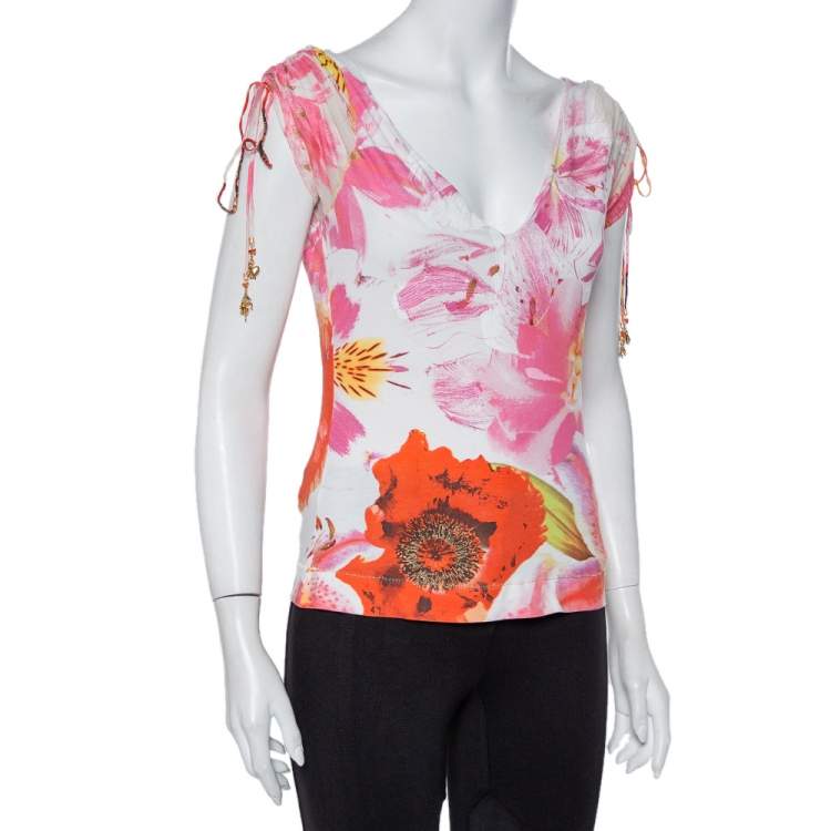 Pre Owned Roberto Cavalli Vintage Pink Floral Printed Knit V-Neck Top L