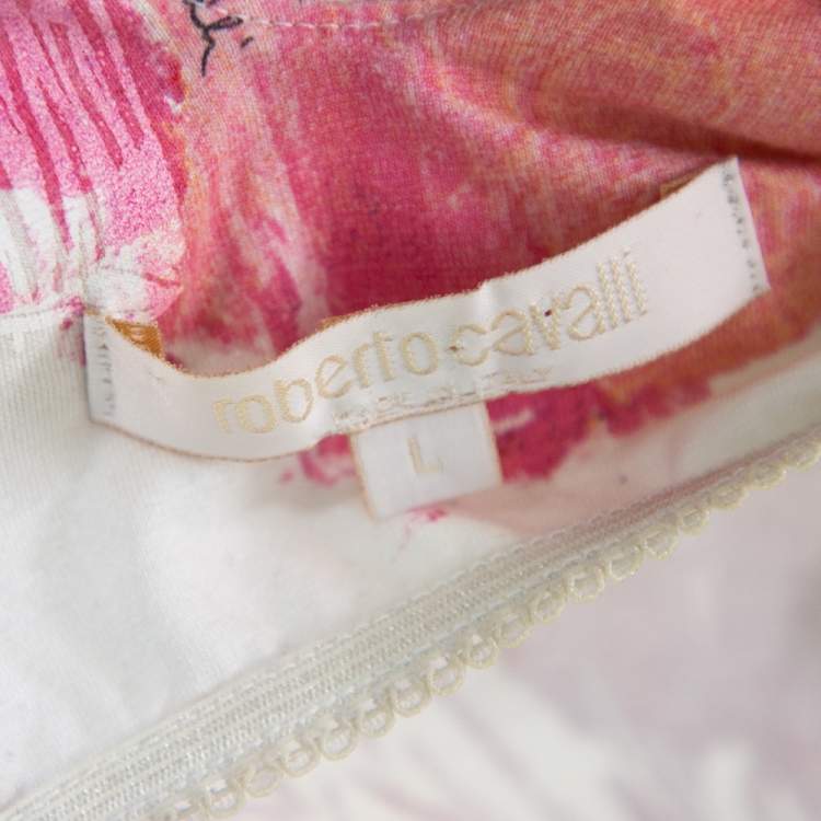 Pre Owned Roberto Cavalli Vintage Pink Floral Printed Knit V-Neck Top L