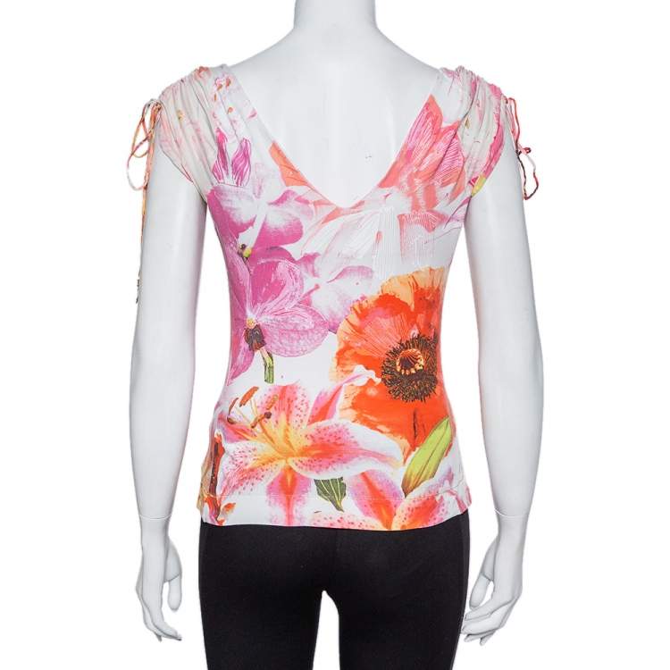 Pre Owned Roberto Cavalli Vintage Pink Floral Printed Knit V-Neck Top L