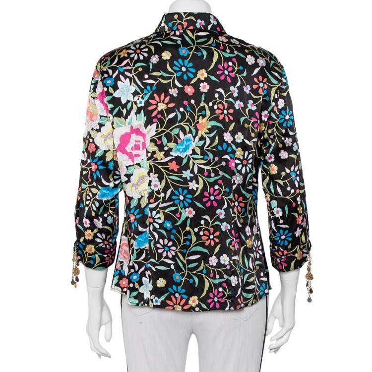 Pre Owned Roberto Cavalli Black Floral Printed Silk Satin Button Front Shirt XL