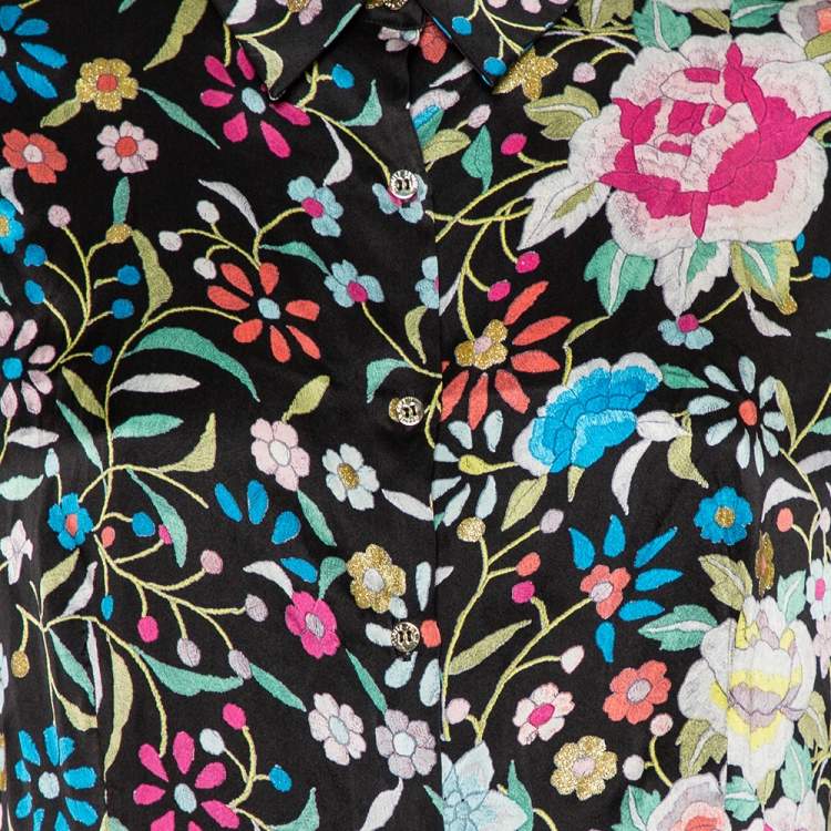 Pre Owned Roberto Cavalli Black Floral Printed Silk Satin Button Front Shirt XL