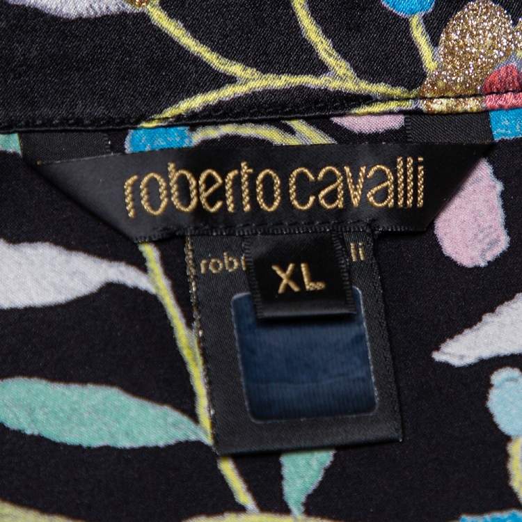 Pre Owned Roberto Cavalli Black Floral Printed Silk Satin Button Front Shirt XL