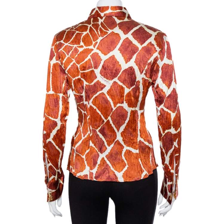 Pre Owned Roberto Cavalli Brown Printed Silk Button Front Shirt M