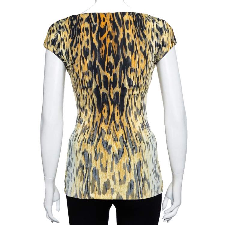مملوكة مسبقًا Roberto Cavalli Yellow Printed Knit Draped Plunge Neck Top S
