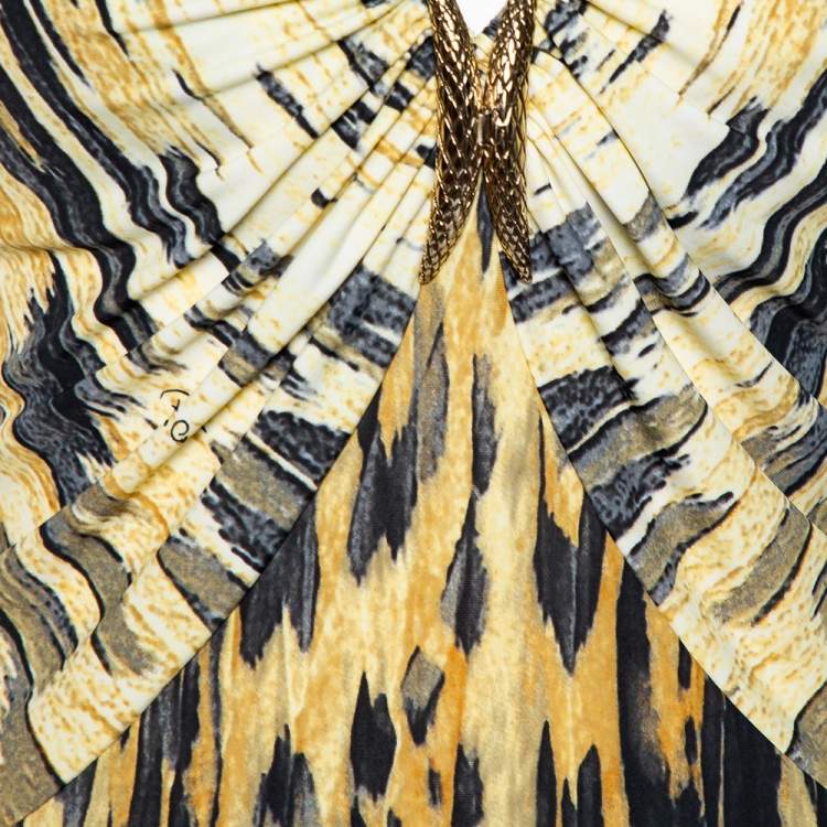 مملوكة مسبقًا Roberto Cavalli Yellow Printed Knit Draped Plunge Neck Top S