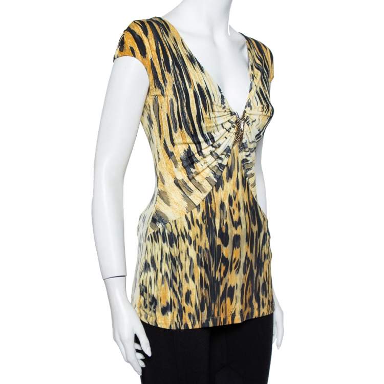 مملوكة مسبقًا Roberto Cavalli Yellow Printed Knit Draped Plunge Neck Top S