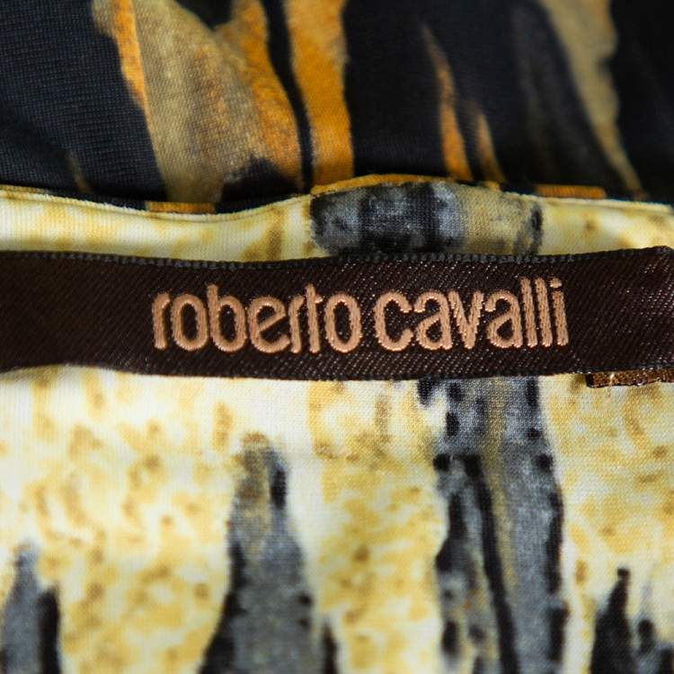 مملوكة مسبقًا Roberto Cavalli Yellow Printed Knit Draped Plunge Neck Top S