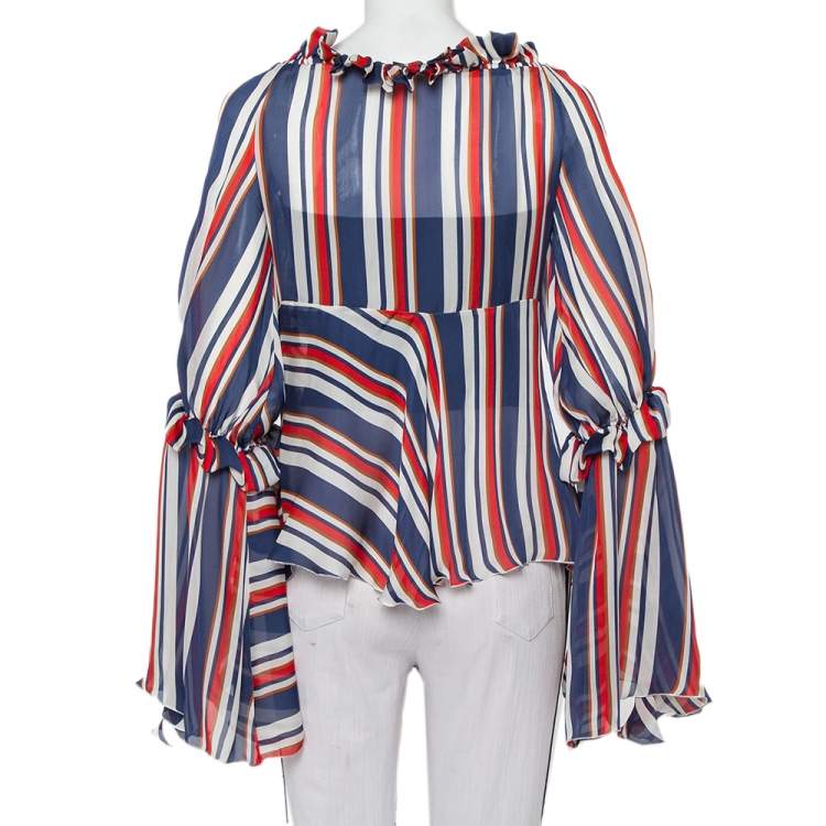Pre Owned Roberto Cavalli Multicolor Striped Silk Ruffled Neck Detail Blouse M