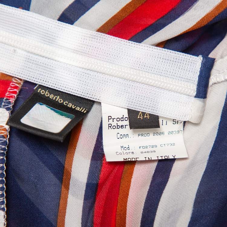 Pre Owned Roberto Cavalli Multicolor Striped Silk Ruffled Neck Detail Blouse M