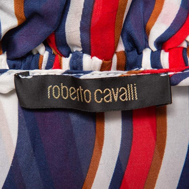 Pre Owned Roberto Cavalli Multicolor Striped Silk Ruffled Neck Detail Blouse M