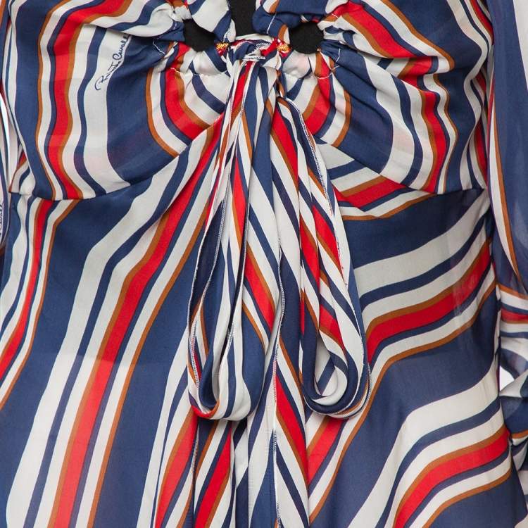 Pre Owned Roberto Cavalli Multicolor Striped Silk Ruffled Neck Detail Blouse M