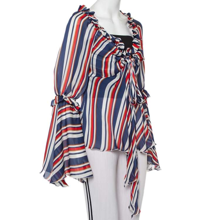 Pre Owned Roberto Cavalli Multicolor Striped Silk Ruffled Neck Detail Blouse M