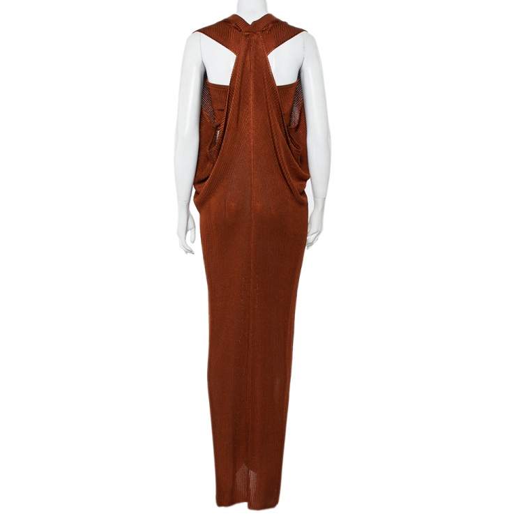 Pre Owned Roberto Cavalli Brown Cable Knit Cutout Detail Maxi Dress M