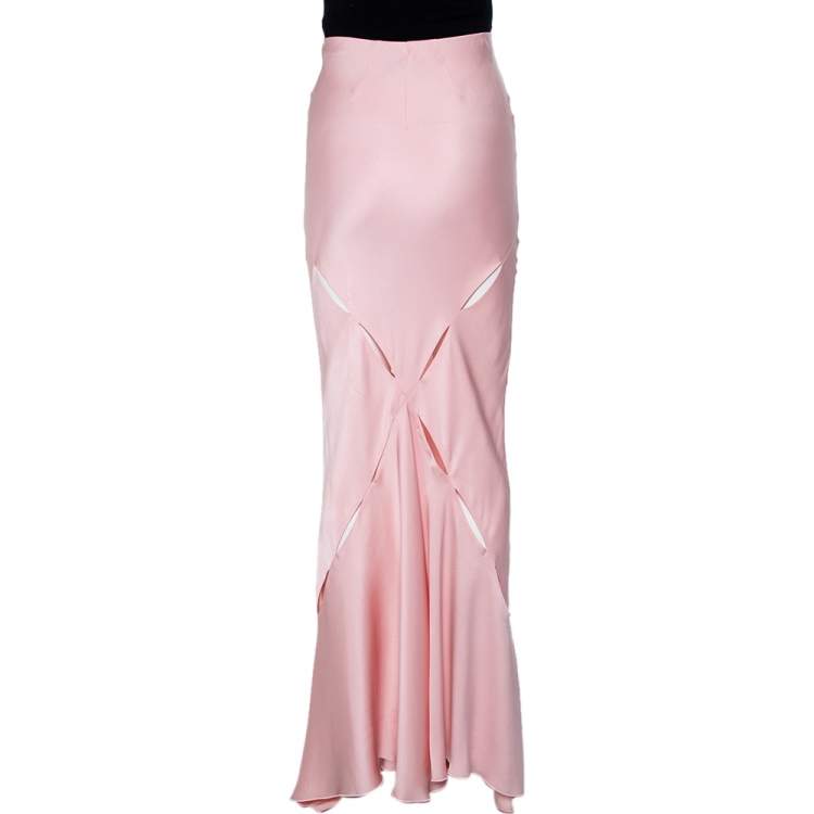 Pre Owned Roberto Cavalli Pink Silk Cutout Detail Maxi Skirt M