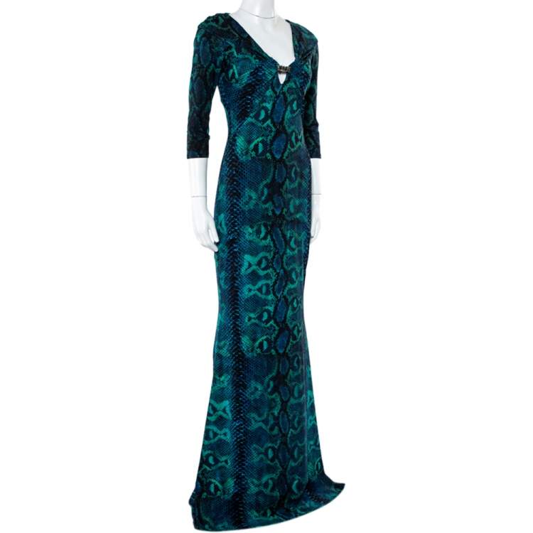 مملوكة مسبقًا Roberto Cavalli Blue Snakeskin Printed Jersey Maxi Dress M