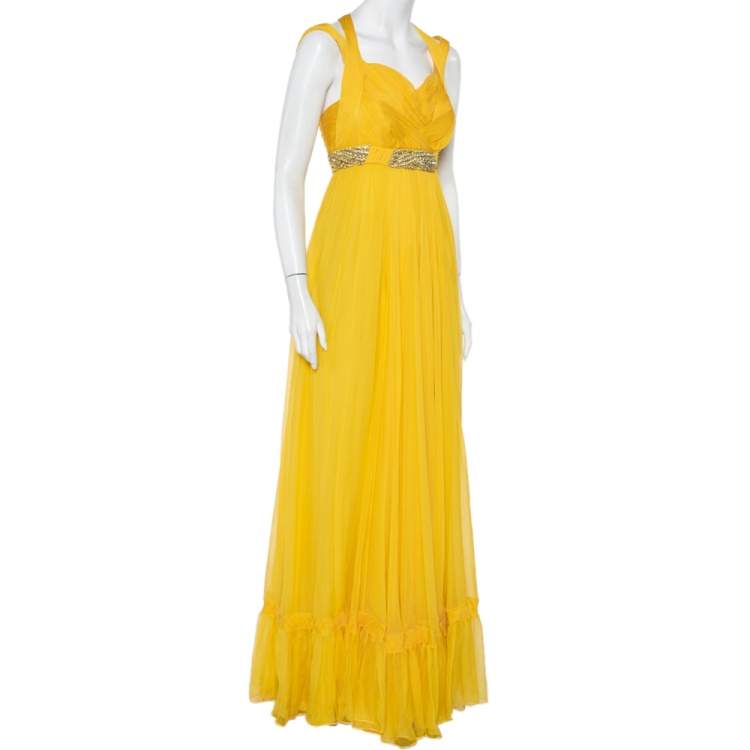مملوكة مسبقًا Roberto Cavalli Yellow Pleated Silk Embellished Waist Detail Gown M
