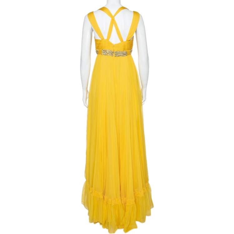 مملوكة مسبقًا Roberto Cavalli Yellow Pleated Silk Embellished Waist Detail Gown M
