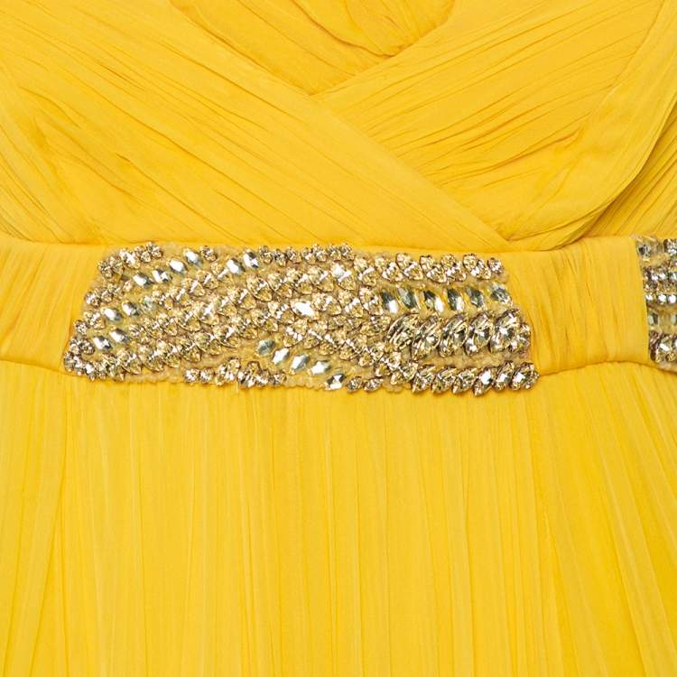 مملوكة مسبقًا Roberto Cavalli Yellow Pleated Silk Embellished Waist Detail Gown M