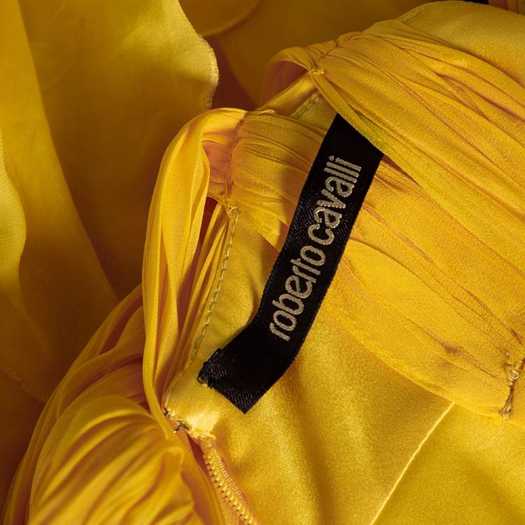 مملوكة مسبقًا Roberto Cavalli Yellow Pleated Silk Embellished Waist Detail Gown M