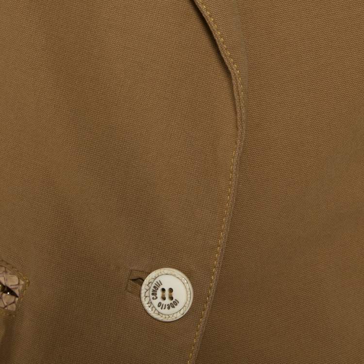 مملوكة مسبقًا Roberto Cavalli Brown Denim Leather Trim Button Front Blazer L