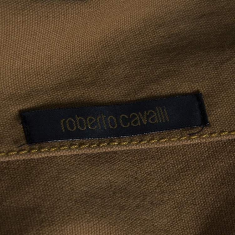 مملوكة مسبقًا Roberto Cavalli Brown Denim Leather Trim Button Front Blazer L