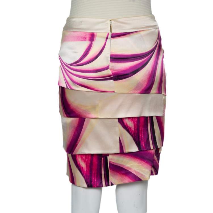 Pre Owned Roberto Cavalli Multicolor Printed Silk Satin Tiered Mini Skirt S