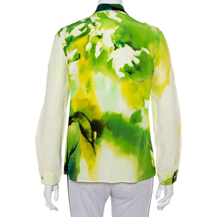 Pre Owned Roberto Cavalli Green Printed Silk Ruffled Detail Button Front Shirt M