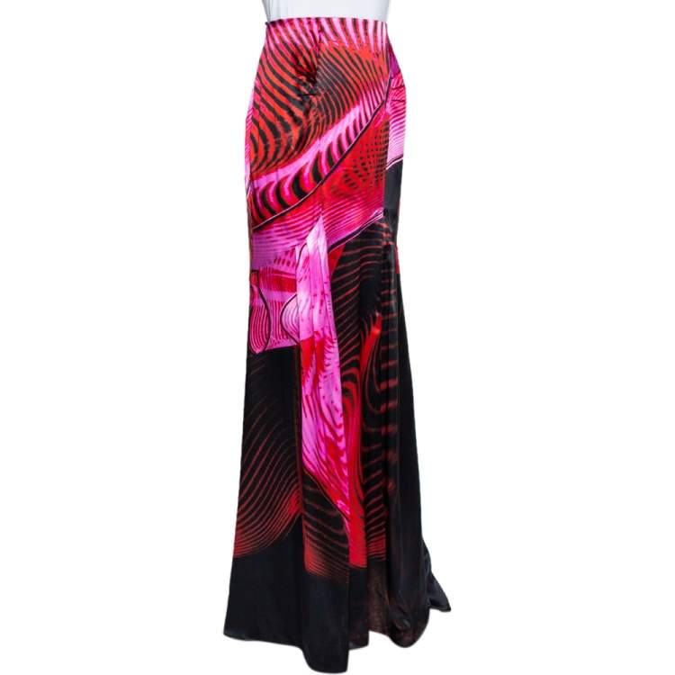 Pre Owned Roberto Cavalli Multicolor Printed Silk Satin Paneled Maxi Skirt L 