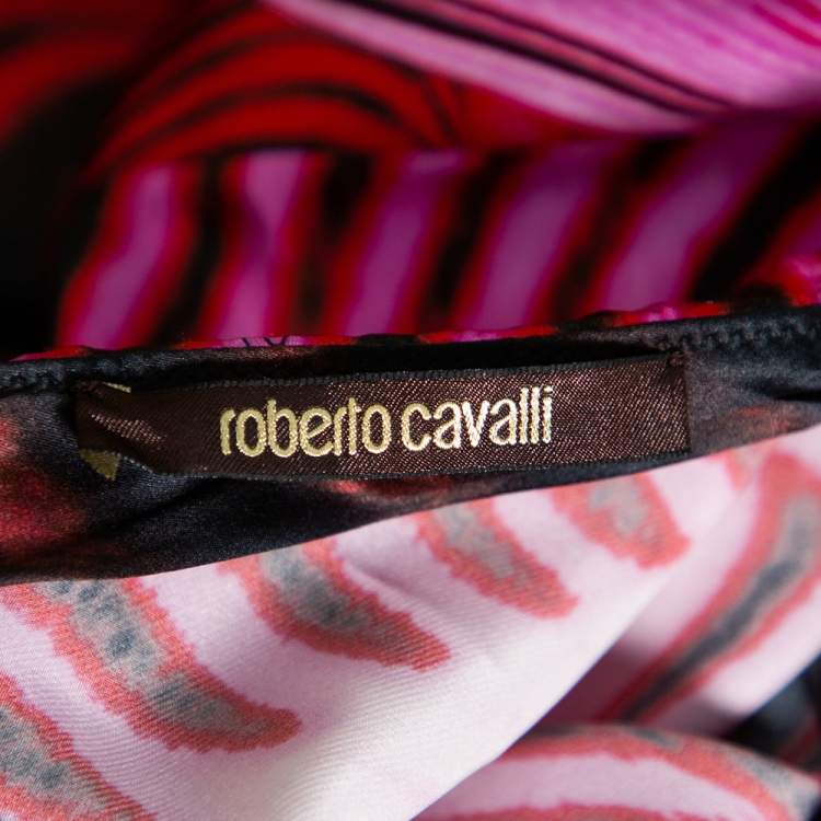 Pre Owned Roberto Cavalli Multicolor Printed Silk Satin Paneled Maxi Skirt L 