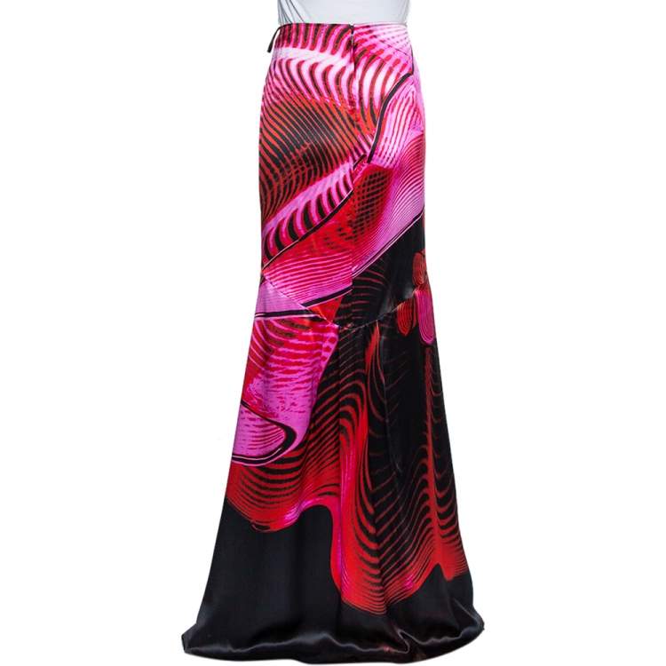Pre Owned Roberto Cavalli Multicolor Printed Silk Satin Paneled Maxi Skirt L 