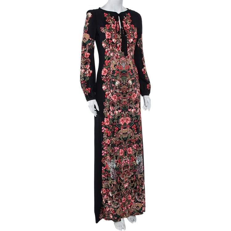 Pre Owned Roberto Cavalli Black Forest Printed Crepe Maxi Dress S