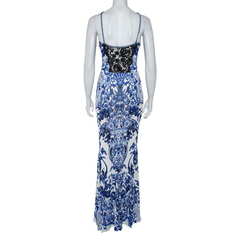 Pre Owned Roberto Cavalli White & Blue Printed Jersey Lace Detail Sleeveless Maxi Dress M