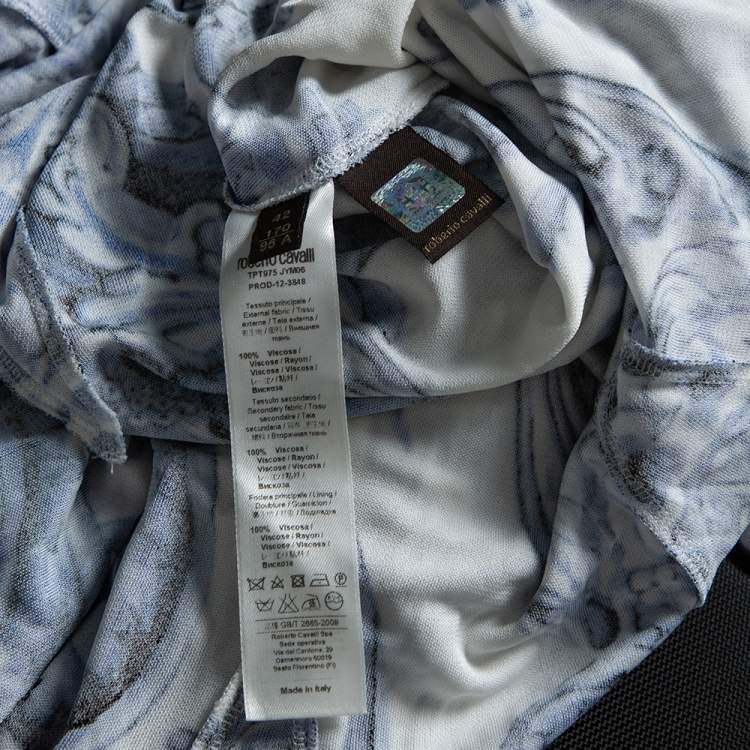 Pre Owned Roberto Cavalli White & Blue Printed Jersey Lace Detail Sleeveless Maxi Dress M