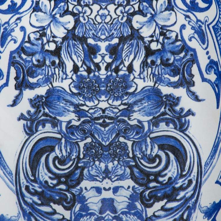 Pre Owned Roberto Cavalli White & Blue Printed Jersey Lace Detail Sleeveless Maxi Dress M