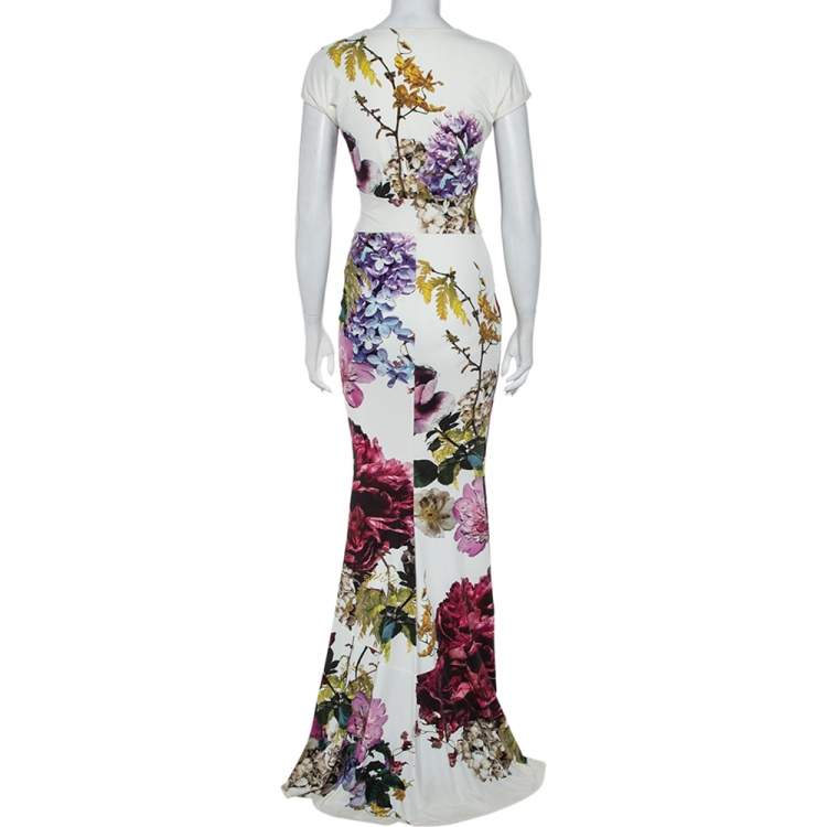 Pre Owned Roberto Cavalli Cream Floral Printed Jersey Fitted Maxi Dress S