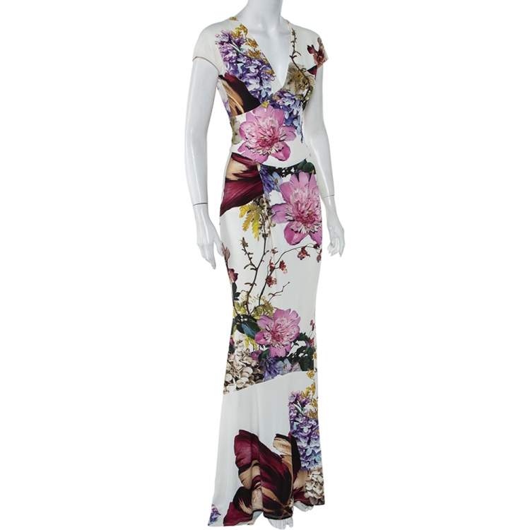 Pre Owned Roberto Cavalli Cream Floral Printed Jersey Fitted Maxi Dress S