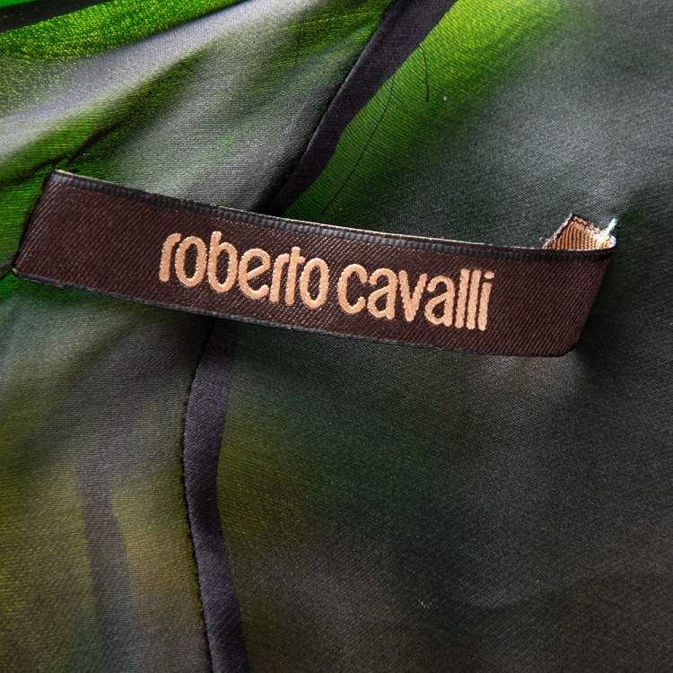 Pre Owned Roberto Cavalli Green Printed Silk Draped Kaftan Maxi Dress M