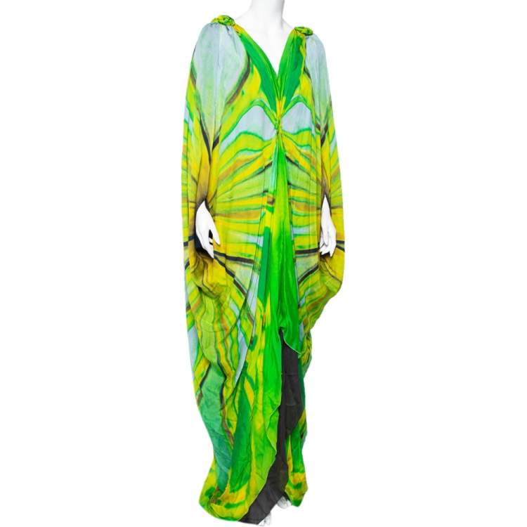 Pre Owned Roberto Cavalli Green Printed Silk Draped Kaftan Maxi Dress M