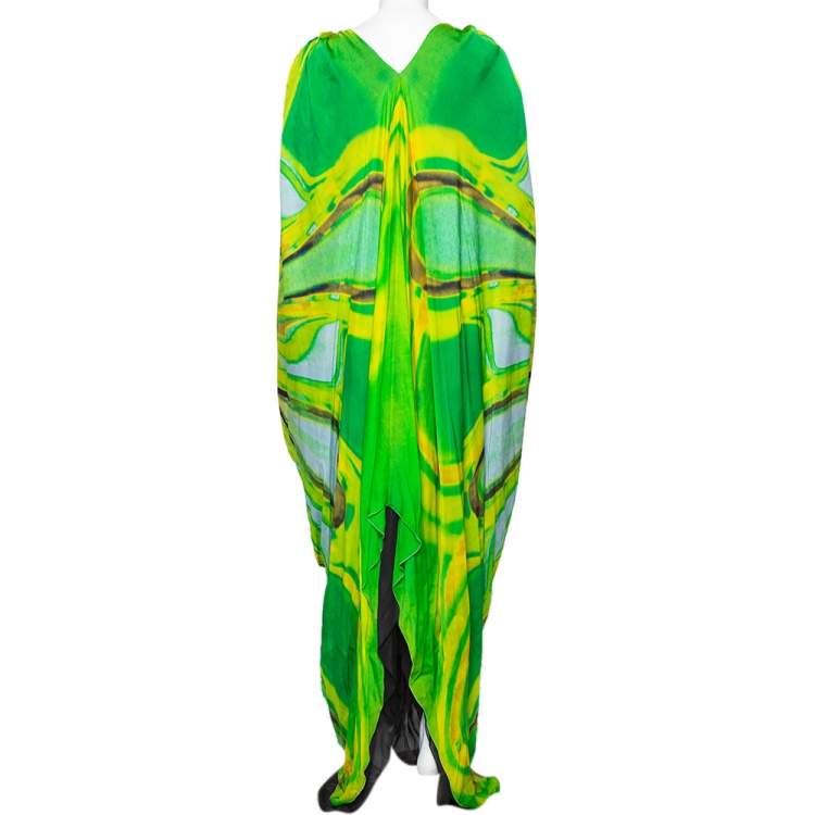 Pre Owned Roberto Cavalli Green Printed Silk Draped Kaftan Maxi Dress M
