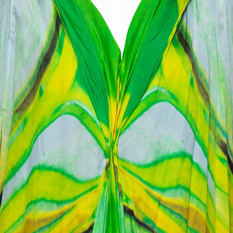 Pre Owned Roberto Cavalli Green Printed Silk Draped Kaftan Maxi Dress M